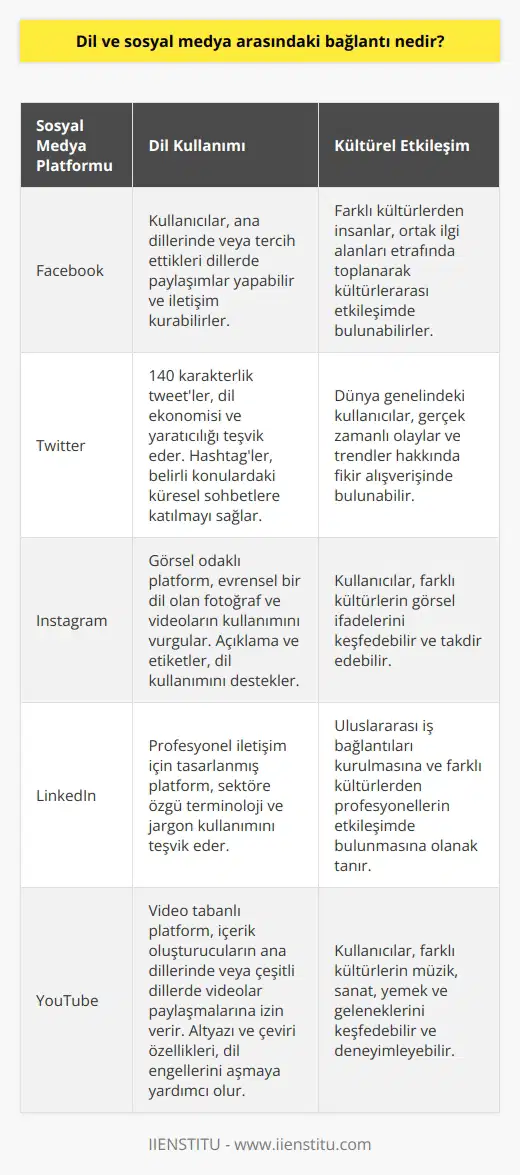Dil ve sosyal medya arasındaki bağlantı, insanların sosyal medya aracılığıyla ortak bir dil kullanarak iletişim kurmalarını sağlamaktır. Bu iletişim, kişilerin düşüncelerini, fikirlerini ve duygularını paylaşmalarını ve kendilerini anlatmalarını mümkün kılar. Örneğin, sosyal medya kullanıcıları, dillerinin çeşitli varyasyonlarını kullanarak arkadaşlarıyla, ailenin üyeleriyle ve diğer insanlarla iletişim kurabilirler. Ayrıca, çevrimiçi platformlar, kullanıcıların kültürel ve etnik farklılıklarını göz önünde bulundurarak, kültürel ve dilsel farklılıklara sahip insanların iletişim kurmasına olanak tanır.