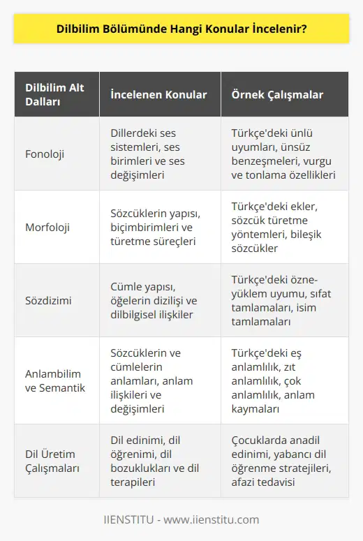 Dilbilim Bölümünde , fonoloji, morfoloji, sözdizimi, söylem bilimi, anlambilim, semantik, , dilbilgisi, dil çalışmaları ve dil üretim çalışmaları gibi konular incelenir.