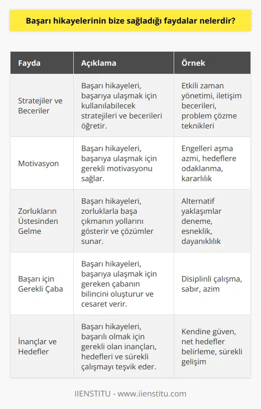 Başarı hikayeleri, başarıya ulaşmak için kullanılabilecek stratejileri, becerileri ve motivasyonu öğretir. Ayrıca, başarılı olmak için gerekli süreçleri ve kararları anlamamıza yardımcı olur. Başarı hikayeleri aynı zamanda zorluklarla başa çıkmanın yollarını gösterir veya bize çözümler sunar. Başarı hikayeleri, diğer insanların başarıya ulaşmak için gösterdikleri çabaların bilincini oluşturur. Böylece, başarıya ulaşmak için gereken çabayı gösterme cesaretini kazanırız. Başarı hikayeleri, aynı zamanda başarılı olmak için gerekli olan inançları, hedefleri, motivasyonu ve sürekli çalışmayı teşvik eder.