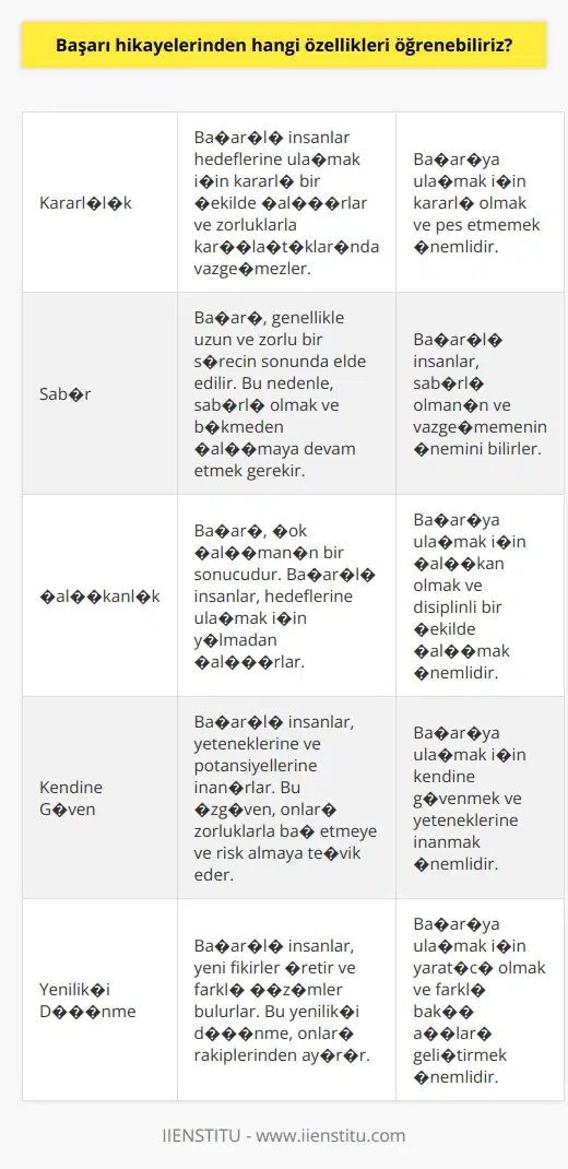 Başarı hikayelerinden öğrenebileceğimiz özellikler arasında; kararlılık, sabır, çalışkanlık, kendine güven, motivasyon, risk alma gibi özellikler yer almaktadır. Ayrıca, başarı hikayelerinden öğrenebileceğimiz diğer özellikler arasında; zorluklara karşı koyma, yenilikçi fikirler üretme, takım çalışması ve    alma gibi özellikler yer almaktadır.
