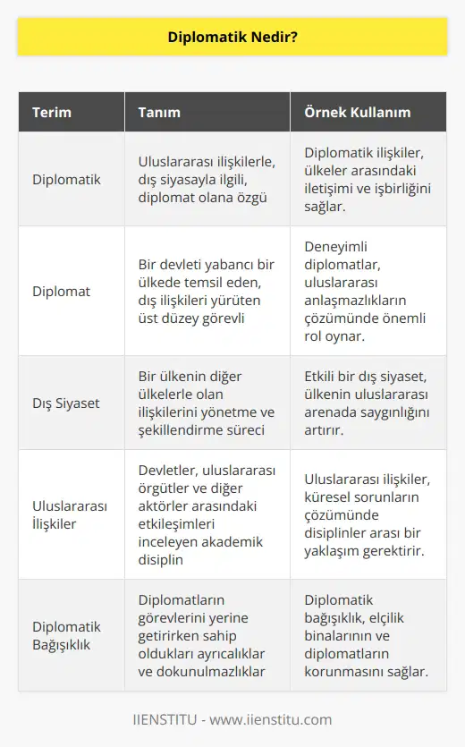 Diplomatik kelimesi Türk Dil Kurumu’nun (TDK) Türkçe sözlüğünde sıfat olarak kabul edilir. Kelime, “uluslararası ilişkilerle, dış siyasayla ilgili”, “diplomat olana özgü.” diye iki farklı şekilde tanımlanır.