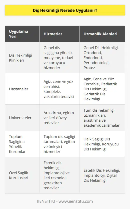 Diş hekimliği diş hekimliği kliniklerinde, çoğunlukla diş hekimliği kliniklerinde uygulanır. Diş hekimleri ayrıca hastanelerde ve bazı kamu hizmetlerinde de çalışabilir.
