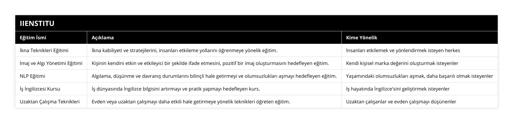 İkna Teknikleri Eğitimi, İkna kabiliyeti ve stratejilerini, insanları etkileme yollarını öğrenmeye yönelik eğitim, İnsanları etkilemek ve yönlendirmek isteyen herkes, İmaj ve Algı Yönetimi Eğitimi, Kişinin kendini etkin ve etkileyici bir şekilde ifade etmesini, pozitif bir imaj oluşturmasını hedefleyen eğitim, Kendi kişisel marka değerini oluşturmak isteyenler, NLP Eğitimi, Algılama, düşünme ve davranış durumlarını bilinçli hale getirmeyi ve olumsuzlukları aşmayı hedefleyen eğitim, Yaşamındaki olumsuzlukları aşmak, daha başarılı olmak isteyenler, İş İngilizcesi Kursu, İş dünyasında İngilizce bilgisini artırmayı ve pratik yapmayı hedefleyen kurs, İş hayatında İngilizce'sini geliştirmek isteyenler, Uzaktan Çalışma Teknikleri, Evden veya uzaktan çalışmayı daha etkili hale getirmeye yönelik teknikleri öğreten eğitim, Uzaktan çalışanlar ve evden çalışmayı düşünenler
