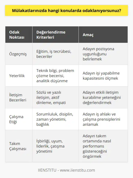Mülakatlarımda, adayın mülakatım için uygun olup olmadığını belirlemek için özgeçmişlerini, eğitimlerini ve tecrübelerini incelemek için odaklanıyorum. Ayrıca, adayın yeterliliğini, iletişim becerilerini, çalışma etiğini ve takım çalışmasına katılma potansiyelini değerlendirmek için odaklanıyorum.