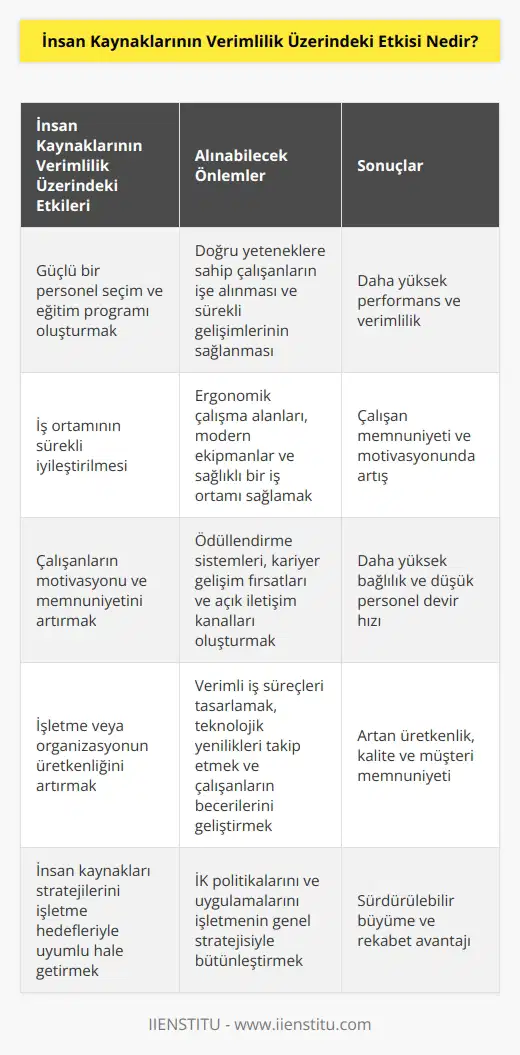 İnsan kaynakları, işletme veya organizasyonun başarısı için çok önemlidir. İnsan kaynaklarının verimliliğe etkisi, işletme veya organizasyonun başarısını arttırmak için birçok önemli yönden gerçekleştirilir. Örneğin, işletme veya organizasyonun verimliliğini arttırmak için; güçlü bir personel seçim ve eğitim programı oluşturmak, iş ortamının sürekli iyileştirilmesi, çalışanların motivasyonu ve memnuniyeti artırmak ve işletme veya organizasyonun üretkenliğini arttırmak gibi çok sayıda önlem alınır. Bu önlemler, insan kaynaklarının verimliliğe olan etkisine dört temel alanda yansır: üretkenlik, kalite, verimlilik ve tatmin.