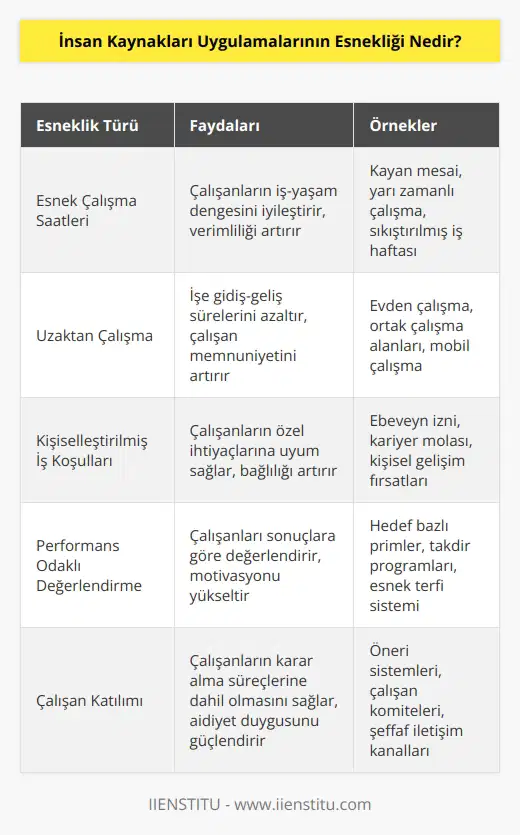 İnsan Kaynakları Uygulamalarının esnekliği, bir işletmenin çalışanlarının ihtiyaçlarına karşılık verebilme yeteneği olarak tanımlanabilir. Esnek işletme politikaları, çalışanların ihtiyaçlarına göre ayarlanabilen çalışma saatleri, çalışma yerleri ve iş koşullarını dahil etmektedir. Esneklik, çalışanların mükemmel bir iş-yaşam dengesi oluşturmasına olanak tanır, böylece çalışanlar daha mutlu ve verimli olurlar. Esnekliğin sağlanması, çalışanların motivasyonunu ve memnuniyetini artırmak için kullanılan bir stratejidir. Esneklik, çalışanların işlerinden zevk almalarını ve daha fazla çalışmayı teşvik etmelerini sağlayarak işletme performansını artırır.