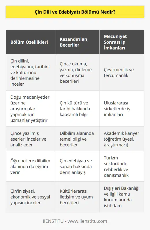 Çin edebiyatını, tarihini, dilini ve kültürünü öğrencilerine öğreten bir bölümdür. Bu dilde yazılmış olan eserleri inceleyerek Doğu medeniyetleri üzerine araştırmalar ve incelemeler yapacak olan uzmanlar yetiştiren bir bölümdür. Öğrencilerine temel becerileri kazandırmanın yanında öğrencilerine dilbilim alanında da eğitim veren bir bölümdür.