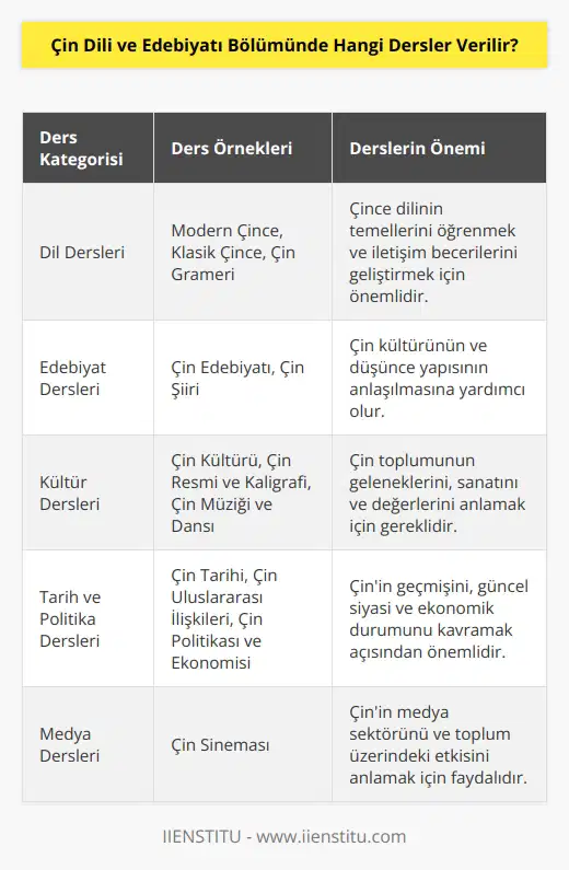 Çin Dili ve Edebiyatı Bölümünde genellikle aşağıdaki dersler verilmektedir: Modern Çince, Klasik Çince, Çin Edebiyatı, Çin Kültürü, Çin Grameri, Çin Tarihi, Çin Uluslararası İlişkileri, Çin Politikası ve Ekonomisi, Çin Resmi ve ü, Çin Sineması, Çin Müziği ve Dansı.