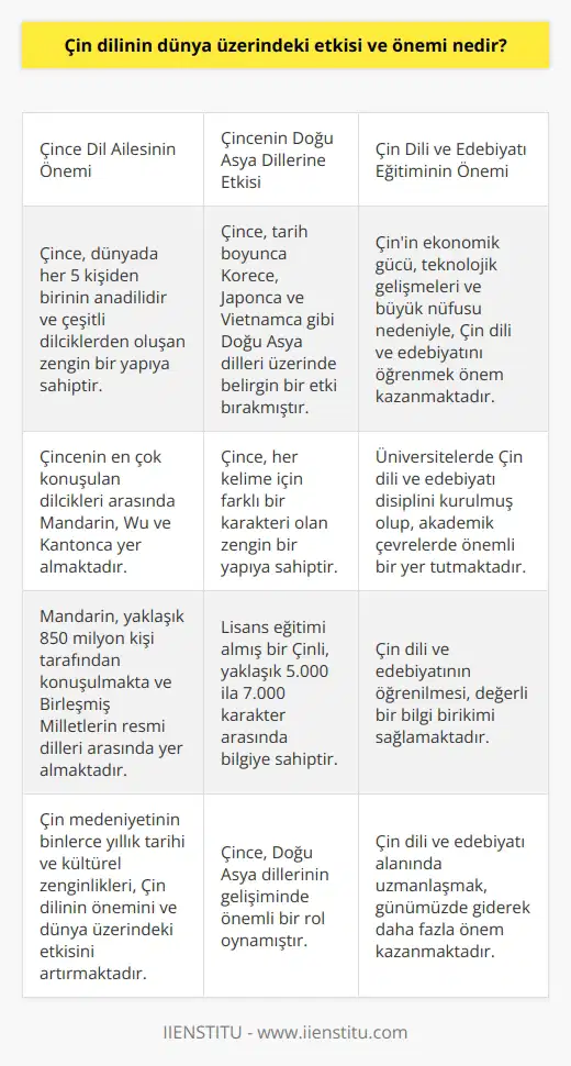 Çin Dilinin Dünya Üzerindeki Etkisi ve Önemi  Doğu medeniyetleri arasında önemli bir yere sahip olan Çin medeniyeti, dünya üzerinde büyük bir etki yaratmakta ve Çin dili de bu etkinin önemli bir parçasıdır. Çin medeniyetinin binlerce yıllık tarihi ve kültürel zenginlikleri, Çin dilinin önemini ve dünya üzerindeki etkisini artırmaktadır. Çince - dünyada her 5 kişiden birinin anadilidir ve alanında büyük gelişmeler, bu dilin konuşulmasının önemli nedenleri arasında yer almaktadır.  Çeşitli Dilciklerden Oluşan Zengin Bir Yapı  Çince, pek çok farklı dilcikten oluşan ve neredeyse hepsi ayrı birer dil olarak kabul edilen geniş bir yapıya sahiptir. Çincenin bir dil ailesi olduğunu kabul edenler de vardır. En çok konuşulan Çince dilcikler arasında Mandarin, Wu ve Kantonca bulunmaktadır. Mandarin, yaklaşık 850 milyon kişi tarafından konuşulmaktadır ve Birleşmiş Milletlerin resmi dilleri arasında yer almaktadır.  Doğu Asya Dillerine Etkisi  Çince, tarih boyunca Doğu Asya dilleri üzerinde büyük bir etki bırakmıştır. Özellikle Korece, Japonca ve Vietnamca dilleri üzerinde belirgin bir etkisi bulunmaktadır. Ayrıca, her kelime için farklı bir karakteri olan zengin bir yapıya sahip olan Çince, lisans eğitimi almış bir Çinli için yaklaşık 5.000 ila 7.000 karakter arasında bilgiye sahiptir.  Çin Dili ve Edebiyatı Eğitimi  Günümüzde Çinin ekonomik gücü, teknoloji alanındaki gelişmeleri, savunma sanayi ve büyük nüfus gibi faktörler nedeniyle, dünya üzerinde daha fazla etki bırakmaktadır. Bu sebeple, Çin dili ve edebiyatını öğrenmek ve bu alanda uzmanlaşmak önem kazanmaktadır. Üniversitelerde Çin dili ve edebiyatı disiplini kurulmuş olup, Çin dilinin alfabesi, tarihi, edebiyatı ve kültürünü öğrenmek için akademik çevrelerde önemli bir yer tutmaktadır.  Sonuç olarak, Çin dilinin dünya üzerindeki etkisi ve önemi, tarihsel süreçte ve günümüzde yaşanan gelişmelerle giderek artmaktadır. Bu nedenle, Çin dili ve edebiyatının öğrenilmesi ve bu alanda uzmanlaşılması oldukça değerli bir bilgi birikimi sağlamaktadır.