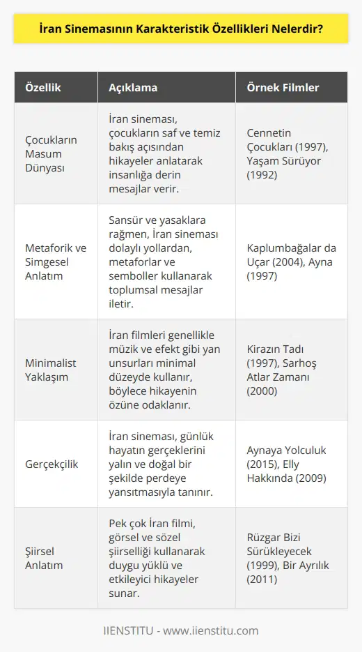 İran Sinemasının diğer ülke sinemalarından ayrılan özellikleri: özellikle çocukların masum ve temiz dünyasından anlatılan hikayeler özelinde genel olarak insanlığa bir mesaj vermek. Yasaklara ve sansüre karşı daha metaforik, simgesel bir dil kullanarak dolaylı da olsa mesajı vermek. Müzik, efekt gibi anlatının yan unsurlarına çok yer vermemek sayılabilir.