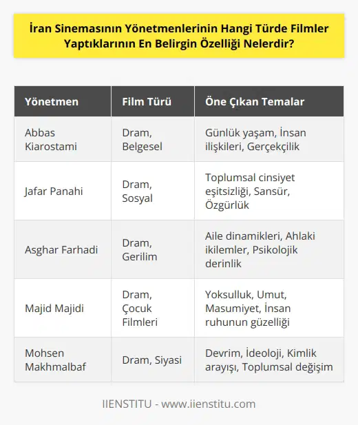 En belirgin özellikleri, siyasal, sosyal ve kültürel gerçekleri öne çıkaran, kültürler arası iletişimi, kadın haklarının savunulması ve İranın tarihsel ve kültürel kimliğinin geliştirilmesi temalarını işleyen dram ve sosyal filmleridir. Bu tür filmler, İranda gerçek yaşamlarını konu alan filmlerdir ve İran sinemasının bir bakış açısıyla tasvir edilen toplumsal gerçeklikleriyle öne çıkmaktadır.