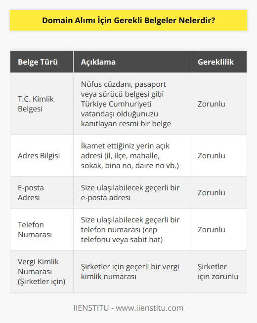 Domain alımı için gerekli olan belgeler; Türkiye Cumhuriyeti vatandaşı olma durumunu gösteren kimlik belgesi ve iletişim bilgileri (adres, email, telefon numarası, vb).