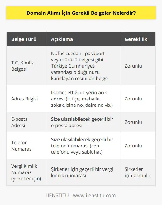Domain alımı için gerekli olan belgeler; Türkiye Cumhuriyeti vatandaşı olma durumunu gösteren kimlik belgesi ve iletişim bilgileri (adres, email, telefon numarası, vb).