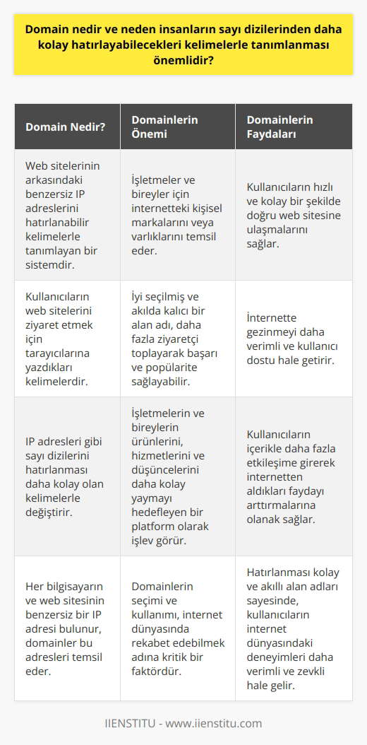Domain, İnsanların Kolay Hatırlayabilecekleri Kelimelerle Tanımlanması ve Önemi Domain, yani alan adı, her web sitesinin arkasında bulunan IP adresi adı verilen benzersiz sayı dizilerini daha hatırlanabilir hale getiren bir sistemdir. İnsanlar için sayılar yerine hatırlamaları kolay olan kelimelerin kullanılması çok önemlidir. Domainler, kullanıcıların web sitelerini ziyaret etmek için tarayıcılarına yazdıkları kelimelerdir. İşletmeler ve bireyler için, alan adları internetteki kişisel markalarını veya varlıklarını temsil ettiği için büyük önem taşır. Alan adı, kullanıcıların hızlı ve kolay bir şekilde doğru web sitesine ulaşmalarını sağlayarak, internette gezinmeyi daha verimli ve kullanıcı dostu hale getirir. Domainlerin İşleyişi ve IP Adresleriyle İlişkisi Domainlerin temel amacı, bilgisayarlar arasında iletişim kurmak için kullanılan IP adresleri gibi sayı dizilerini hatırlanması daha kolay olan kelimelerle değiştirmektir. İnternet dünyasındaki her bilgisayarın ve web sitesinin benzersiz bir IP adresi bulunmaktadır. Tipik bir IP adresi örneği ise şöyledir: 77.159.76.1. Böylece, domainler sayesinde kullanıcılar, internette gezinirken bu sayı dizilerini kullanmak zorunda kalmadan doğru bir şekilde ulaşmak istedikleri sitelere kolayca ulaşabilirler. Domainlerin Kullanıcı Deneyimine Etkisi Kullanıcılar için domainlerin, yani alan adlarının, diğer önemli yararı ise, internette gezinme deneyimini daha basit ve kullanışlı hale getirmesidir. Kullanıcılar, hatırlanması kolay alan adları sayesinde istedikleri web sitelerine hızlıca ulaşarak, işlerini veya etkinliklerini daha verimli bir şekilde gerçekleştirebilirler. Bu da, kullanıcıların içerikle daha fazla etkileşime girerek internetten aldıkları faydayı arttırmalarına olanak sağlar. Domainlerin İşletmeler ve Bireyler İçin Önemi Domainler, işletmeler ve bireyler açısından da büyük öneme sahiptir, çünkü web sitelerinin adresleri ve dolayısıyla internetteki varlıkları ve markaları için kullanılır. İyi seçilmiş ve akılda kalıcı bir alan adı, daha fazla ziyaretçi toplayarak işletmeler ve bireyler için başarı ve popülarite sağlayabilir. Domainler ayrıca, işletmelerin ve bireylerin ürünlerini, hizmetlerini ve düşüncelerini daha kolay yaymayı hedefleyen bir platform olarak da işlev görür. Sonuç olarak, domainlerin insanların sayı dizilerinden daha kolay hatırlayabilecekleri kelimelerle tanımlanması, internette göz atmanın daha basit ve etkili olması için önemlidir. Domainlerin seçimi ve kullanımı, internet dünyasında rekabet edebilmek adına işletmeler ve bireyler için kritik bir faktördür. Hatırlanması kolay ve akıllı alan adları sayesinde, kullanıcıların internet dünyasındaki deneyimleri daha verimli ve zevkli hale gelir.