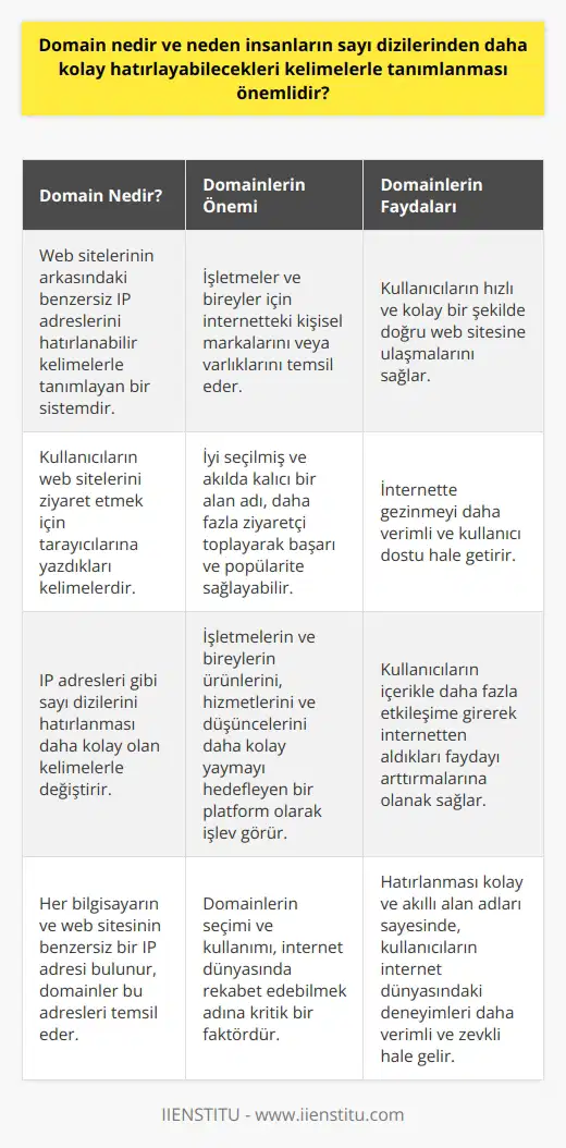Domain, İnsanların Kolay Hatırlayabilecekleri Kelimelerle Tanımlanması ve Önemi Domain, yani alan adı, her web sitesinin arkasında bulunan IP adresi adı verilen benzersiz sayı dizilerini daha hatırlanabilir hale getiren bir sistemdir. İnsanlar için sayılar yerine hatırlamaları kolay olan kelimelerin kullanılması çok önemlidir. Domainler, kullanıcıların web sitelerini ziyaret etmek için tarayıcılarına yazdıkları kelimelerdir. İşletmeler ve bireyler için, alan adları internetteki kişisel markalarını veya varlıklarını temsil ettiği için büyük önem taşır. Alan adı, kullanıcıların hızlı ve kolay bir şekilde doğru web sitesine ulaşmalarını sağlayarak, internette gezinmeyi daha verimli ve kullanıcı dostu hale getirir. Domainlerin İşleyişi ve IP Adresleriyle İlişkisi Domainlerin temel amacı, bilgisayarlar arasında iletişim kurmak için kullanılan IP adresleri gibi sayı dizilerini hatırlanması daha kolay olan kelimelerle değiştirmektir. İnternet dünyasındaki her bilgisayarın ve web sitesinin benzersiz bir IP adresi bulunmaktadır. Tipik bir IP adresi örneği ise şöyledir: 77.159.76.1. Böylece, domainler sayesinde kullanıcılar, internette gezinirken bu sayı dizilerini kullanmak zorunda kalmadan doğru bir şekilde ulaşmak istedikleri sitelere kolayca ulaşabilirler. Domainlerin Kullanıcı Deneyimine Etkisi Kullanıcılar için domainlerin, yani alan adlarının, diğer önemli yararı ise, internette gezinme deneyimini daha basit ve kullanışlı hale getirmesidir. Kullanıcılar, hatırlanması kolay alan adları sayesinde istedikleri web sitelerine hızlıca ulaşarak, işlerini veya etkinliklerini daha verimli bir şekilde gerçekleştirebilirler. Bu da, kullanıcıların içerikle daha fazla etkileşime girerek internetten aldıkları faydayı arttırmalarına olanak sağlar. Domainlerin İşletmeler ve Bireyler İçin Önemi Domainler, işletmeler ve bireyler açısından da büyük öneme sahiptir, çünkü web sitelerinin adresleri ve dolayısıyla internetteki varlıkları ve markaları için kullanılır. İyi seçilmiş ve akılda kalıcı bir alan adı, daha fazla ziyaretçi toplayarak işletmeler ve bireyler için başarı ve popülarite sağlayabilir. Domainler ayrıca, işletmelerin ve bireylerin ürünlerini, hizmetlerini ve düşüncelerini daha kolay yaymayı hedefleyen bir platform olarak da işlev görür. Sonuç olarak, domainlerin insanların sayı dizilerinden daha kolay hatırlayabilecekleri kelimelerle tanımlanması, internette göz atmanın daha basit ve etkili olması için önemlidir. Domainlerin seçimi ve kullanımı, internet dünyasında rekabet edebilmek adına işletmeler ve bireyler için kritik bir faktördür. Hatırlanması kolay ve akıllı alan adları sayesinde, kullanıcıların internet dünyasındaki deneyimleri daha verimli ve zevkli hale gelir.