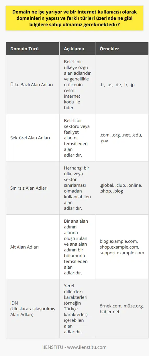 Domainler ve Kullanıcılar İçin Önemi  Domain (alan adı) kavramı, internet kullanıcılarının web sitelerini ziyaret etmek için tarayıcıya yazdıkları adrestir ve bu sayede kullanıcılar, IP adresi gibi karmaşık numara dizilimlerini hatırlamak zorunda kalmadan kolayca siteye erişebilirler. Domainlerin yapısı ve farklı türlerini bilmek, internet kullanıcıları için önemlidir.  Domain Türleri ve Yapısı  İlk olarak, domainler çeşitli kategorilere ayrılabilir ve bunların başlıcaları şunlardır: ülke bazlı alan adları (örneğin .tr), sektörel alan adları (örneğin .com, .org, gibi) ve sınırsız alan adları (örneğin .global). Bu farklı alan adı türlerinin kullanılma amacı ve kapsamı, işletmenin veya kişinin çevrimiçi varlığını ve içeriğini temsil eder.  Domainler, insanların web sitelerini ziyaret etmek için tarayıcılara kolayca yazabileceği ve hatırlayabileceği şekilde tasarlanmıştır. Bu sayede, kullanıcılar IP adresleri gibi karmaşık sayı dizilerini kullanmak zorunda kalmaz ve daha kullanışlı bir deneyim yaşarlar.  Alan Adlarının İşleyişi ve Yararı  Her web sitesinin arkasında benzersiz bir IP adresi olup, alan adının girilmesi ile tarayıcının bu IP adresini sunucuya adını çevirdiği ve böylece kullanıcının siteye bağlandığı düşünülebilir. Bu durum, domain sisteminin işleyişini günlük hayattaki telefon rehberine benzeyen bir yapıya sahip olduğunu gösterir: rehberdeki adlar domainlere, telefon numaraları ise IP adreslerine karşılık gelmektedir.  Domain Bilgisi İçin Öneriler  Internet kullanıcıları ve özellikle yeni başlayanlar için, alan adı kavramına dair tüm teknik bilgiler zaman zaman karmaşık gelebilir. Bu bağlamda, domainler hakkında daha fazla bilgi edinmek ve bu süreçte gelişmek isteyenler, alan adlarına yönelik eğitimler ve rehberler ile donanımlı hale gelebilirler.  Sonuç  Domainler, internet dünyasında kullanıcıların ve işletmelerin varlığını sağlayan ve çeşitli türlerine ayrılarak onların hedeflerine uygun yapıda oluşturulan önemli bir unsurdur. İnternet kullanıcılarının domainlerin yapısı ve türleri hakkında bilgi sahibi olması, daha etkin ve verimli bir web deneyimi yaşamalarına yardımcı olacaktır.