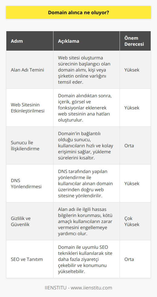 Alan Adı Temini  Domain almak, bir web sitesi oluşturma sürecinin başlangıcıdır ve kişinin ya da şirketin online varlığını temsil eder. Domain alındığında, son kullanıcı bu adresi kullanarak web sitesine erişebilir.  Web Sitesinin Etkinleştirilmesi  Domain alındıktan sonra, kullanıcı web sitesini hazırlamaya başlar ve etkinleştirir. Burada, kullanıcı içerik, görsel ve fonksiyonlar gibi çeşitli içerikler ekleyerek web sitesinin ana hatlarını oluşturur.  Sunucu İle İlişkilendirme  Domain alındığında, ana adresin bağlantılı olduğu bir sunucu gereklidir. Domainin sunucu ile ilişkilendirilmesi, kullanıcıların daha hızlı ve kolay bir şekilde sayfayı görmelerini sağlar ve sitedeki yükleme sürelerini kısaltır.  DNS Yönlendirmesi  Domain ile ilgili bir başka önemli adım ise DNS (Domain Name System) yönlendirmesidir. DNS tarafından yapılan yönlendirmesi sayesinde, kullanıcılar alınan domain üzerinden doğru web sitesine yönlendirilirler.  Gizlilik ve Güvenlik  Domain alındıktan sonra, kullanıcının gizlilik ve güvenlik ayarlarına özellikle dikkat etmesi önemlidir. Alan adı ile ilgili hassas bilgilerin korunması, kötü amaçlı kullanıcıların zarar vermesini engellemeye yardımcı olur.  SEO ve Tanıtım  Alan adı alındığında, diğer önemli faktör ise SEO (Arama Motoru Optimizasyonu) ve tanıtım süreçleridir. Domain ile uyumlu    kullanarak, site daha fazla ziyaretçi çekebilir ve konumunu yükseltebilir.  Sonuç olarak, domain alındığında, online varlığını inşa etmek isteyen kişi veya şirket için önemli bir süreç başlar. Bu süreç doğru adımlar ile takip edildiğinde web sitesinin başarısı açısından önemli bir faktör haline gelir.