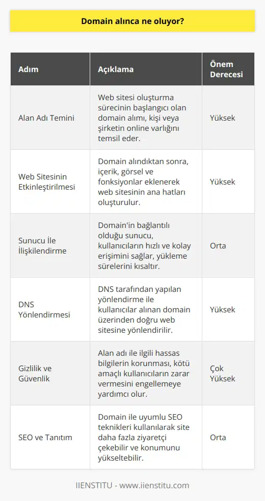 Alan Adı Temini  Domain almak, bir web sitesi oluşturma sürecinin başlangıcıdır ve kişinin ya da şirketin online varlığını temsil eder. Domain alındığında, son kullanıcı bu adresi kullanarak web sitesine erişebilir.  Web Sitesinin Etkinleştirilmesi  Domain alındıktan sonra, kullanıcı web sitesini hazırlamaya başlar ve etkinleştirir. Burada, kullanıcı içerik, görsel ve fonksiyonlar gibi çeşitli içerikler ekleyerek web sitesinin ana hatlarını oluşturur.  Sunucu İle İlişkilendirme  Domain alındığında, ana adresin bağlantılı olduğu bir sunucu gereklidir. Domainin sunucu ile ilişkilendirilmesi, kullanıcıların daha hızlı ve kolay bir şekilde sayfayı görmelerini sağlar ve sitedeki yükleme sürelerini kısaltır.  DNS Yönlendirmesi  Domain ile ilgili bir başka önemli adım ise DNS (Domain Name System) yönlendirmesidir. DNS tarafından yapılan yönlendirmesi sayesinde, kullanıcılar alınan domain üzerinden doğru web sitesine yönlendirilirler.  Gizlilik ve Güvenlik  Domain alındıktan sonra, kullanıcının gizlilik ve güvenlik ayarlarına özellikle dikkat etmesi önemlidir. Alan adı ile ilgili hassas bilgilerin korunması, kötü amaçlı kullanıcıların zarar vermesini engellemeye yardımcı olur.  SEO ve Tanıtım  Alan adı alındığında, diğer önemli faktör ise SEO (Arama Motoru Optimizasyonu) ve tanıtım süreçleridir. Domain ile uyumlu    kullanarak, site daha fazla ziyaretçi çekebilir ve konumunu yükseltebilir.  Sonuç olarak, domain alındığında, online varlığını inşa etmek isteyen kişi veya şirket için önemli bir süreç başlar. Bu süreç doğru adımlar ile takip edildiğinde web sitesinin başarısı açısından önemli bir faktör haline gelir.