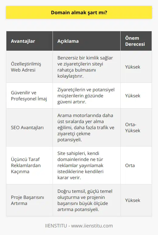 Giriş: Domain Almanın Önemi  Domain almak şart mı sorusu, blog sahiplerinin ve yeni web sitesi kuracak olanların sıkça sordukları bir sorudur. Öncelikle domain, bir web sitesinin adı ve İnternet üzerindeki adresidir. Domain almanın önemi, öncelikle blogun veya sitenin daha profesyonel ve güvenilir görünmesi açısından büyüktür.  Özelleştirilmiş Bir Web Adresi   Öncelikle, alan adını alarak özelleştirilmiş bir web adresine sahip olur ve projeniz için benzersiz bir kimlik sağlar. Bu, ziyaretçilerin sitenizi rahatlıkla bulmasını ve hatırlamasını kolaylaştırır. Ücretsiz platformlar genellikle uzun ve karmaşık urller sağlar ve bu durum, web sitesine olan ilgiyi azaltabilir.  Güvenilir ve Profesyonel İmaj  Ayrıca, özel domain ile web sitenizin güvenilir ve profesyonel bir imaja sahip olmasını sağlar. Bu, ziyaretçilerin ve potansiyel müşterilerin gözünde güvenin artmasına yol açar. Öte yandan, ücretsiz bir hesap kullanarak oluşturulan bloglar ve siteler genellikle amatör ve güvenilmez olarak algılanır.  SEO Avantajları  Domain almanın bir başka avantajı da SEO açısından faydalıdır. Arama motorlarının, özelleştirilmiş alan adlarına sahip web sitelerini ücretsiz hesaplara göre daha üst sıralara yerleştirme eğilimindedir. Bu, web sitenizin daha fazla trafik ve ziyaretçi çekmesine yardımcı olur.  Üçüncü Taraf Reklamlardan Kaçınma  Son olarak, kendi domaininize sahip olarak, üçüncü taraf reklamlarından kaçınma şansınız olur. Ücretsiz platformların çoğu, site sahiplerinin kontrolü dışında reklam yerleştirir ve bu durum kullanıcı deneyimini olumsuz etkileyebilir. Domain alarak, sitenizde ne tür reklamlar yayınlamak istediğinize kendiniz karar verirsiniz.  Sonuç  Domain almanın önemi dikkate alındığında, başarılı bir blog veya web sitesi için domain almanın şart olduğu söylenebilir. Özelleştirilmiş bir web adresi, profesyonel bir imaj, SEO avantajları ve üçüncü taraf reklamlardan kaçınma fırsatı sunarak, projenizin başarısını büyük ölçüde artırır. Bu nedenle, domain alarak işinizi veya projenizi doğru şekilde temsil etmek için güçlü bir temel oluşturabilirsiniz.
