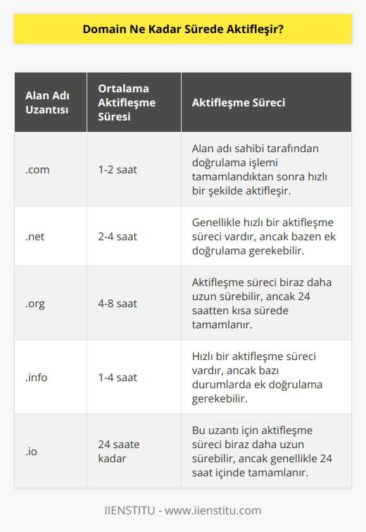 Tüm alan adı kayıt işlemleri, domainin aktifleşmesi için 24 saatten daha kısa bir sürede tamamlanabilir. Bazı alan adı kayıt işlemleri, anında aktifleşebilir. Genellikle, alan adının sahibi alan adı kaydının doğrulanmasını tamamladığında, domain hemen aktifleşir.