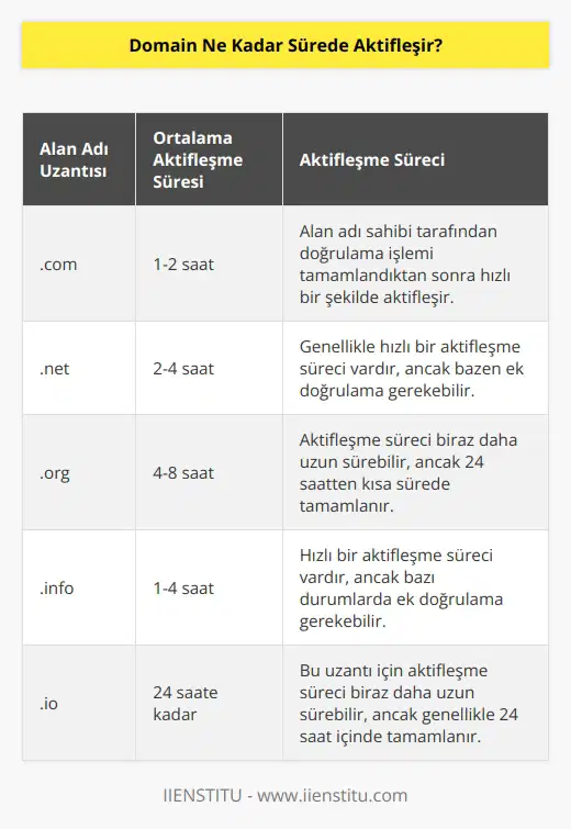 Tüm alan adı kayıt işlemleri, domainin aktifleşmesi için 24 saatten daha kısa bir sürede tamamlanabilir. Bazı alan adı kayıt işlemleri, anında aktifleşebilir. Genellikle, alan adının sahibi alan adı kaydının doğrulanmasını tamamladığında, domain hemen aktifleşir.