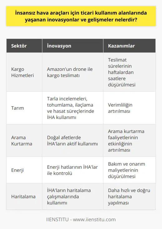 İnsansız hava araçları (İHA), yani daha yaygın olarak bilinen ismiyle dronlar, teknolojik gelişmelerin ivme kazandığı son yılların en önemli inovasyonlarından biri olarak öne çıkmaktadır. Başlangıçta askeri amaçlarla kullanılan İHA teknolojisi, farklı sektörlerde de kullanılmaya başlanmış ve çeşitli inovasyonlarla kullanım alanları genişlemiştir. Ticari kullanım alanlarından biri kargo hizmetleridir. Örneğin; Amazon 2016 yılında yaptığı drone kargo teslimatıyla bu alanda öncülük etmiştir. Böylelikle, haftalar süren ürün teslimat sürelerinin drone teslimatı ile birkaç saate düşürülmesi söz konusu olmuştur. Bir başka inovasyon alanı ise tarım sektörüdür. İHAlar tarım sektöründe tarla incelemeleri, tohumlama, ilaçlama, ve hasat süreçlerinde kullanılarak verimliliği artırmaktadır. Aynı zamanda doğal afetlerde arama kurtarma faaliyetlerinde, enerji hatlarının kontrolünde ve haritalama çalışmalarında da İHAlar aktif olarak kullanılmaktadır. Sonuç olarak İHAların ticari kullanım alanlarında yaşanan inovasyonlar ve gelişmeler, birçok sektörde verimliliği artırmakta, iş kolaylığı ve maliyet azaltma gibi kazanımlar sağlamaktadır. Ancak başarılı bir drone uygulaması, iyi bir drone pilotu gerektirir. Bilinçli ve yüksek yetkinliğe sahip drone pilotları, bu nı maksimum düzeye çıkartabilir. Bu nedenle İHA teknolojilerindeki inovasyon ve gelişmelerle birlikte drone pilotluk mesleği de büyük bir öneme sahip olmuştur.