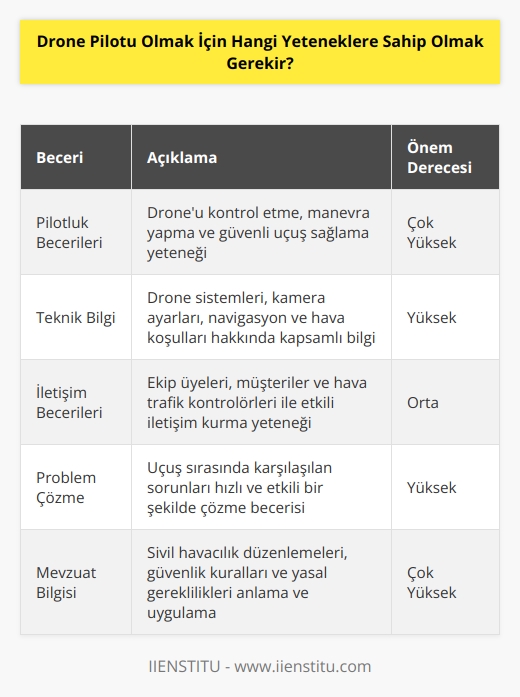 1. Pilotluk becerileri ve kabiliyetleri 2. Uçuş kontrolü, hava koşulları ve navigasyon bilgisi 3. Sosyal, iletişim ve liderlik becerileri 4. Dron ve sistemlerinin teknik ayrıntılarını anlayabilme 5. Dronun kamera ayarlarını ve kontrollerini anlayabilme 6. Güvenlik düzenlemelerini anlama ve uygulama 7. Uçuşlarda karar verme, planlama ve problem çözme yeteneği 8. Videoyu ve fotoğrafı düzenleme becerisi 9. Uçuş Kontrol Yönetim Sistemleri (UYMS) ve uçuş kontrol kayıtları ile ilgili bilgi ve deneyim 10. Güvenlik kurallarını ve sivil havacılık düzenlemelerini anlama.