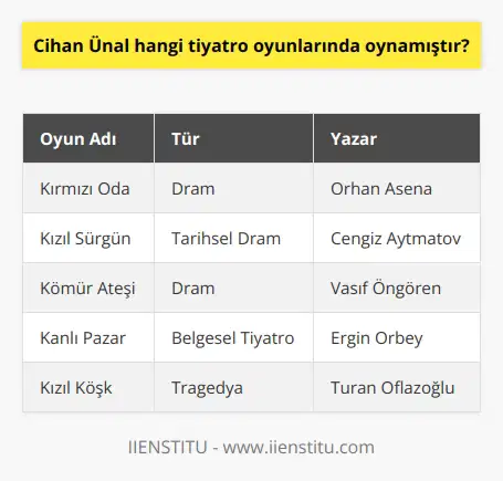 Cihan Ünal, Kırmızı Oda, Kızıl Sürgün, Kömür Ateşi, Kanlı Pazar, Kızıl Köşk, Kesik, Koru, Kanlı Gece ve Kömür Günlüğü gibi tiyatro oyunlarında oynamıştır.