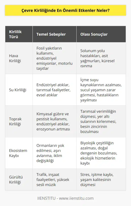 Çevre kirliliğinde en önemli etkenler sırasıyla hava, su ve toprak kirliliğidir. Beraberinde ekosistem kaybı ciddi boyutlara ulaşmıştır.