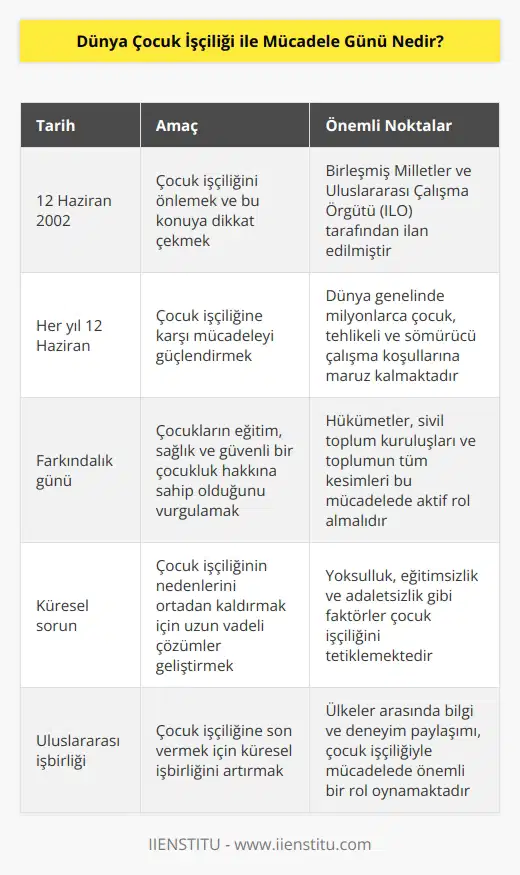 12 Haziran Dünya Çocuk İşçiliği ile Mücadele Günü 2002 yılında ilan edildi. Bugünü ilan eden taraflar; Birleşmiş Milletler ve ILO. Bugünün amacı ise çocuk işçiliğin önlemek. Çocuk işçiliğine dikkat çekmek ve bu kapsamda yapılan çalışmaları görünür kılmak.