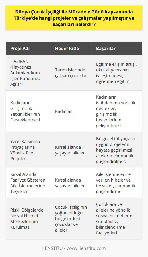 Dünya Çocuk İşçiliği ile Mücadele Günü Kapsamında Türkiyedeki Projeler ve Başarılar Dünya Çocuk İşçiliği ile Mücadele Günü kapsamında Türkiyede çeşitli projeler ve çalışmalar gerçekleştirilmektedir. Öncelikle Türkiye, Uluslararası Çalışma Örgütü (ILO) tarafından belirlenen Etkin Sözleşme 182, Kötü Şartlara Sahip Çocuk İşlerinin yasaklanması ve hareket geçilmesinin taraf üyelerindendir. Bu sözleşmenin gerekliliklerini yerine getirmek adına Türkiye, iç mevzuatını güçlendirmeye ve çocuk işçilerin korunmasına yönelik politikalar, programlar ve faaliyetler yürütmektedir. Sosyal Politika Alanında Projeler ve Başarılar Türkiyede sosyal politika alanında çocuk işçiliği ile mücadele için yürütülen projeler, başta Çalışma ve Sosyal Güvenlik Bakanlığı, Aile ve Sosyal Politikalar Bakanlığı, ve Millî Eğitim Bakanlığı olmak üzere devlet kurumları ve STKların işbirliği ile gerçekleştirilmektedir. Bu kapsamda, çocuk işçiliği ile mücadele için hayata geçirilen projeler; tarım sektöründe çalışan çocuk işçilere yönelik eğitim ve bilinçlendirme faaliyetleri, riskli bölgelerde sosyal hizmet merkezlerinin kurulması, çocuk işçilik ile mücadelede önemli olan eğitime erişim hizmetleri ve ailelerin ekonomik güçlendirilmesi konularında uygulanmaktadır. ve Başarıları Çocuk işçiliği ile mücadelede eğitimin önemi büyük olup, Millî Eğitim Bakanlığı tarafından çeşitli projeler ve çalışmalar yürütülmektedir. Başarıya ulaşan örnek projelerden birisi, HAZİRAN (Hayatınızı Anlamlandıran İşler Ruhunuza Aşılar) projesidir. Bu projede, çocuk işçiliğinin yoğun olduğu bölgelerde, tarım işlerinde çalışan çocuklar için eğitime daha iyi erişim sağlanmış, okulların fiziksel altyapısı iyileştirilmiş ve öğretmenlerin eğitimi desteklenmiştir. Böylece, projenin gerçekleştirildiği illerde eğitime katılım ve devam oranları artmıştır. Ailelerin Ekonomik Güçlendirilmesi ve Girişimcilik Destek Projeleri Çocuk işçiliği ile mücadelede önemli bir başarı unsuru olan ailelerin ekonomik güçlendirilmesine yönelik projelere de değinmek gerekmektedir. Türkiyede uygulanan projeler arasında, kadınların girişimcilik yetkinliklerinin ve istihdamına yönelik desteklerin sağlanması, yerel kalkınma ihtiyaçlarını göz önünde bulunduran pilot projeler ve kırsal alanda faaliyet gösteren aile işletmelerine verilen teşvikler ve hibeler bulunmaktadır. Sonuç olarak, Dünya Çocuk İşçiliği ile Mücadele Günü kapsamında Türkiyede gerçekleştirilen çeşitli projeler ve çalışmalarla çocuk işçilerin yaşam koşullarında önemli başarılar elde edilmiştir. Fakat, bu alandaki başarılar sayısındaki artışa rağmen, uluslararası düzeyde daha güçlü müdahaleler ve işbirlikleri gerekmektedir.