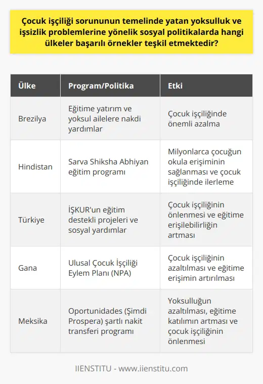 Çocuk İşçiliği Sorununu Azaltan Ülke Örnekleri ve Sosyal Politikalar  Çocuk işçiliği, yoksulluk ve işsizlik ile yakından ilişkili olan küresel ve ciddi bir sorundur. Bu nedenle çocuk işçiliği ile mücadele, toplumların sosyal ve ekonomik politikalarını büyük ölçüde etkilemelidir. Bazı ülkeler bu konuda başarılı örnekler teşkil ederek, yoksulluk ve işsizlik problemlerine yönelik sosyal politikalarla çocuk işçiliği sorununu azaltmaktadır.  Brazilya: Temel Eğitime Yatırım  İlk olarak Brazilyanın başarılı bir örnek olarak gösterilebileceği belirtilmelidir. Brazilya, 1990ların sonundan itibaren eğitime önemli yatırımlar yaparak çocuk işçiliğinde önemli bir azalma sağlamıştır. Ayrıca ülke, yoksul ailelere nakdi yardımlar da sağlayarak, ailelerin çocuklarını okula göndermelerini teşvik etmiştir.  Hindistan: Sarva Shiksha Abhiyan Programı  Çocuk işçiliğinin önemli merkezlerinden olan Hindistan, Sarva Shiksha Abhiyan adlı kapsamlı bir eğitim programı ile milyonlarca çocuğun okulda eğitime erişiminin sağlanmasına yönelik politikalar uygulamaktadır. Bu program sayesinde, Hindistanda çocuk işçiliği sorununda önemli ilerleme kaydedilmiştir.  Türkiye: Eğitim İçin İŞKUR ve Sosyal Yardım Politikaları  Türkiyede de çocuk işçiliği meselesine yönelik toplumsal farkındalık ve düzenlemeler artmaktadır. İŞKUR tarafından uygulanan eğitim destekli projeler ve sosyal yardımlarla, çocuk işçiliğinin önüne geçilmesine ve eğitim alanındaki erişilebilirliğin artmasına çalışılıyor.  Sonuç  Görüldüğü üzere, çocuk işçiliğinin temelinde yatan yoksulluk ve işsizlik problemlerine yönelik sosyal politikalarda, eğitime yapılan yatırımlar ve ailelere sağlanan destek önemli bir rol oynamaktadır. Bu kapsamda, Brazilya, Hindistan ve Türkiye gibi ülkeler etkili stratejiler uygulayarak, çocuk işçiliği sorununu azaltmakta başarılı örnekler oluşturmaktadır. İleride yapılacak çalışmalarla, çocuk işçiliği ile mücadelede daha başarılı sonuçlar elde etmek mümkün olacaktır.