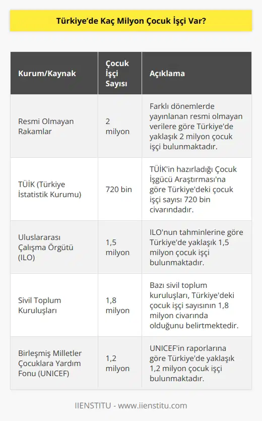 Türkiye’de çocuk işçilerin sayısıyla ilgili farklı dönemlerde yayınlana farklı veriler var. Resmi olmayan rakamlarla ifade edildiğinde; Türkiye’de 2 milyon işçi çocuk bulunuyor. TÜİK’İn hazırladığı Çocuk İşgücü Araştırmasına göre Türkiye’deki çocuk işçi sayısı 720 bin.