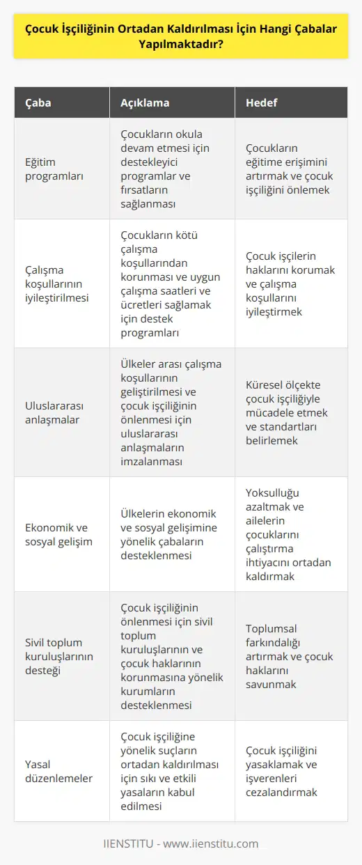 Çocuk İşçiliğinin ortadan kaldırılması için bir dizi çaba yapılmaktadır. Bunlar arasında şunlar yer alır:  1. Çocukların okula devam etmesi için destekleyici programlar ve fırsatların sağlanması.  2. Çocuk işçiliğinin önlenmesi, çocukların kötü çalışma koşullarından korunması ve çocuklara uygun çalışma saatleri ve ücretleri sağlamak için eğitim ve destek programlarının genişletilmesi.  3. Ülkeler arası çalışma koşullarının geliştirilmesi ve çocuk işçiliğinin önlenmesi için uluslararası anlaşmaların imzalanması.  4. Çocuk işçiliğinin önlenmesi için ülkelerin ekonomik ve sosyal gelişimine yönelik çabaların desteklenmesi.  5. Çocuk işçiliğinin önlenmesi için sivil toplum kuruluşlarının ve çocuk haklarının korunmasına yönelik kurumların desteklenmesi.  6. Çocuk işçiliğine yönelik suçların ortadan kaldırılması için sıkı ve etkili yasaların kabul edilmesi.