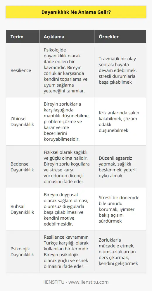 Psikolojide “dayanıklılık” olarak ifade edilen “resilience” kavramı günümüzde yaygın olarak kullanılıyor. Türkçe karşılığı tam olarak olmayan “resilience” kelimesini en çok psikologlar tercih ederken bunun yanında“psikolojik dayanıklılık” terimini kullananlara da rastlamak mümkündür. Resilience yani dayanıklılık; zihinsel, bedensel ve ruhsal olarak güçlü olma halidir.