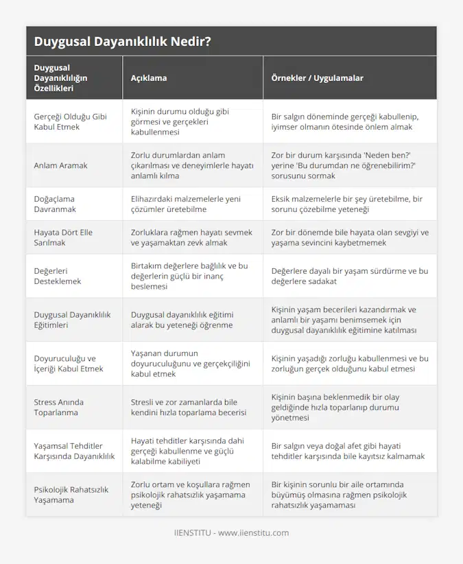 Gerçeği Olduğu Gibi Kabul Etmek, Kişinin durumu olduğu gibi görmesi ve gerçekleri kabullenmesi, Bir salgın döneminde gerçeği kabullenip, iyimser olmanın ötesinde önlem almak, Anlam Aramak, Zorlu durumlardan anlam çıkarılması ve deneyimlerle hayatı anlamlı kılma, Zor bir durum karşısında 'Neden ben?' yerine 'Bu durumdan ne öğrenebilirim?' sorusunu sormak, Doğaçlama Davranmak, Elihazırdaki malzemelerle yeni çözümler üretebilme, Eksik malzemelerle bir şey üretebilme, bir sorunu çözebilme yeteneği, Hayata Dört Elle Sarılmak, Zorluklara rağmen hayatı sevmek ve yaşamaktan zevk almak, Zor bir dönemde bile hayata olan sevgiyi ve yaşama sevincini kaybetmemek, Değerleri Desteklemek, Birtakım değerlere bağlılık ve bu değerlerin güçlü bir inanç beslemesi, Değerlere dayalı bir yaşam sürdürme ve bu değerlere sadakat, Duygusal Dayanıklılık Eğitimleri, Duygusal dayanıklılık eğitimi alarak bu yeteneği öğrenme, Kişinin yaşam becerileri kazandırmak ve anlamlı bir yaşamı benimsemek için duygusal dayanıklılık eğitimine katılması, Doyuruculuğu ve İçeriği Kabul Etmek, Yaşanan durumun doyuruculuğunu ve gerçekçiliğini kabul etmek, Kişinin yaşadığı zorluğu kabullenmesi ve bu zorluğun gerçek olduğunu kabul etmesi, Stress Anında Toparlanma, Stresli ve zor zamanlarda bile kendini hızla toparlama becerisi, Kişinin başına beklenmedik bir olay geldiğinde hızla toparlanıp durumu yönetmesi, Yaşamsal Tehditler Karşısında Dayanıklılık, Hayati tehditler karşısında dahi gerçeği kabullenme ve güçlü kalabilme kabiliyeti, Bir salgın veya doğal afet gibi hayati tehditler karşısında bile kayıtsız kalmamak, Psikolojik Rahatsızlık Yaşamama, Zorlu ortam ve koşullara rağmen psikolojik rahatsızlık yaşamama yeteneği, Bir kişinin sorunlu bir aile ortamında büyümüş olmasına rağmen psikolojik rahatsızlık yaşamaması