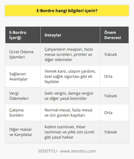 E-Bordro, çalışanların ücret ödeme işlemleri, sağlanan avantajlar, vergi ödemeleri ve diğer haklarının kaydını içerir. Ayrıca, e-bordro, çalışanların çalışma sürelerini, maaşları ve ödenecek diğer karşılıkları da içerebilir.