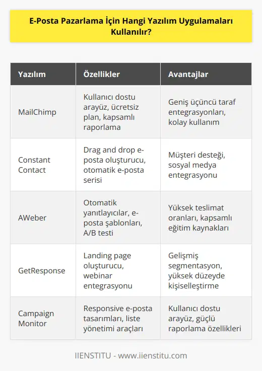 Popüler e-posta pazarlama yazılım uygulamaları arasında MailChimp, Constant Contact, AWeber, GetResponse, Campaign Monitor, Mad Mimi, dotmailer ve VerticalResponse bulunmaktadır.