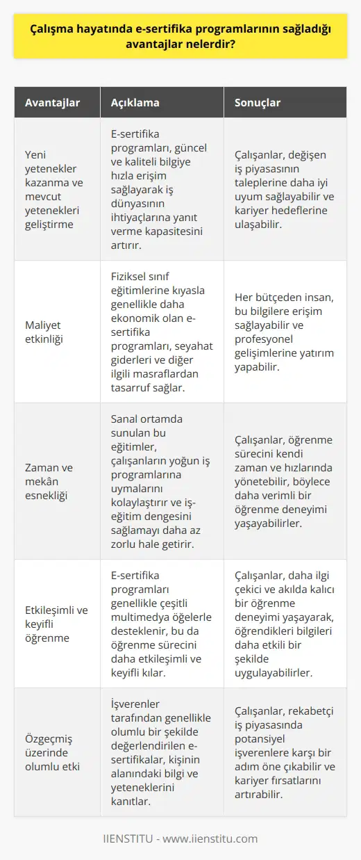 E-sertifika programları, çalışma hayatının hızla gelişen dinamiklerine ayak uydurmanın en etkili yollarından biridir. Hem yeni yetenekler kazanmak, hem de mevcut yetenekleri geliştirmek için kullanılan bu programlar, güncel ve kaliteli bilgiye ulaşıp, iş dünyasının ihtiyaçlarına yanıt verme kapasitesini artırmaya yardımcı olur. E-sertifika programları ile güvenilir, yenilikçi ve mesleki bilgiye hızla ulaşım sağlanabilmekte, belirli bir konuda uzmanlaşma şansı elde edilmekte ve genellikle kendi zaman ve hızınızda    özgürlüğüne sahip olabilmeniz gibi birçok avantaj sunulmaktadır.  E-sertifika programlarının bir diğer önemli avantajı ise maliyet etkin olmalarıdır. Fiziksel sınıf eğitimlerine nazaran genellikle daha ekonomik olan bu programlar, ayrıca seyahat giderleri ve diğer ilgili masraflardan tasarruf sağlar. Bu özelliğinden dolayı, her bütçeden insanın bu bilgilere erişimini kolaylaştırmaktadır.  Ayrıca, herhangi bir yer ve zamandan bağımsız bir şekilde sanal ortamda sunulan bu eğitimler, çalışanların yoğun iş programlarına uymalarını kolaylaştırır. Böylece, iş ve eğitim arasındaki dengeyi sağlamak daha az zorlu hale gelir. Dahası, bu tür programlar genellikle çeşitli multimedya öğelerle desteklenir ve bu da öğrenmeöğrenmeöğrenme sürecini daha etkileşimli ve keyifli kılar.  Özgeçmiş üzerinde önemli bir etkisi olan e-sertifikalar, işarı konusunda kişiye büyük bir avantaj sağlar. İşverenler tarafından genellikle olumlu bir şekilde değerlendirilen bu sertifikalar, kişinin alanındaki bilgi ve yeteneklerini kanıtlar. Bu, özellikle rekabetçi iş piyasasında potansiyel işverenlere karşı bir adım öne çıkmanın faydalı olduğu durumlardır.  Sonuç olarak, e-sertifika programları, tecrübeye dayalı eğitimler ve uygun maliyetiyle, iş dünyasının hızla değişen taleplerini karşılamak ve kendi profesyonel gelişimlerini sürdürmek isteyen bireyler için ideal bir çözüm sunar. Ayrıca, bu tür programların sunduğu esneklik ve kullanım kolaylığı, öğrenmeöğrenmeöğrenmeyi daha erişilebilir ve yönetilebilir hale getirir. Dolayısıyla, e-sertifika programları, sürekli öğrenmeöğrenmeöğrenme anlayışını benimsemek ve kariyer hedeflerine ulaşmak isteyenler için önemli bir araçtır.