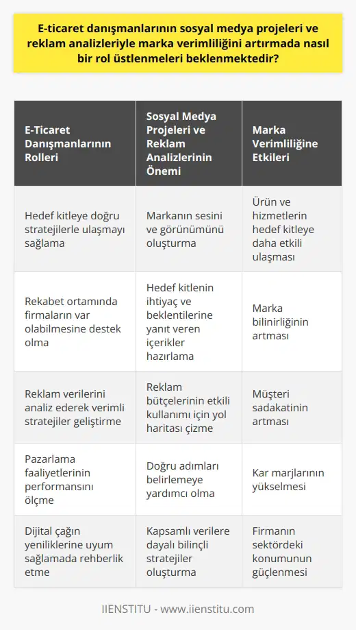 E-Ticaret Danışmanlarının Rolü  E-ticaret danışmanları, sosyal medya projeleri ve reklam analizleri aracılığıyla marka verimliliğini artırmada önemli bir rol üstlenmektedir. Günümüzde teknolojinin hızlı gelişimi ve dijitalleşmenin özellikle alışveriş sektöründe yaşattığı dönüşüm nedeniyle, firmaların doğru stratejilerle hedef kitlelere ulaşması ve rekabet ortamında var olabilmesi e-ticaret danışmanlarının desteği ile mümkün hale gelmektedir.  Sosyal Medya Projeleri ve Reklam Analizleri  E-ticaret danışmanlarının sosyal medya projelerinde ve reklam analizlerinde üstlendikleri önemli rollerden biri, firmanın ürün ve hizmetlerinin doğru hedef kitle ile buluşmasını sağlamaktır. Bu doğrultuda danışmanlar, sosyal medya platformlarında markanın sesi ve görünümü oluşturarak, hedef kitlenin ihtiyaç ve beklentilerine yanıt veren içerikler hazırlayarak markayıpozitif yönde etkilemekte ve marka bilinirliğinin artmasına katkıda bulunmaktadırlar.   Öte yandan reklam analizleri, e-ticaret danışmanları için oldukça kritik bir araçtır. Danışmanlar, reklam verilerini analiz ederek, firmaların reklam bütçelerinin daha verimli ve etkili bir şekilde kullanılabilmesi için stratejiler geliştirmekte ve yol haritası çizmektedirler. Bu sayede, firmalar mevcut pazarlama faaliyetlerinin performansını ölçebilir ve atılması gereken doğru adımları belirleyebilirler.  Marka Verimliliğinin Artırılması  E-ticaret danışmanlarının bu faaliyetleri sonucunda, marka verimliliği artmaktadır. Doğru sosyal medya projeleri ve reklam analizi sonuçlarına dayalı stratejiler ile geliştirilen pazarlama planları, firmaların ürün ve hizmetlerinin hedef kitleye daha etkili bir şekilde ulaşmasını ve marka bilinirliğinin artmasını sağlamaktadır. Bu durum, uzun vadede müşteri sadakati ve kâr marjlarının artışı ile sonuçlanır.  Sonuç olarak, e-ticaret danışmanlarının sosyal medya projeleri ve reklam analizleri ile marka verimliliğini artırmada üstlenmeleri beklenen roller, firma için değerli bir yatırımdır. Bu hizmetler sayesinde firmalar, dijital çağın getirdiği yeniliklere ve kapsamlı verilere dayalı olarak daha bilinçli ve başarılı adımlar atarak, sektördeki konumlarını güçlendirebilirler.