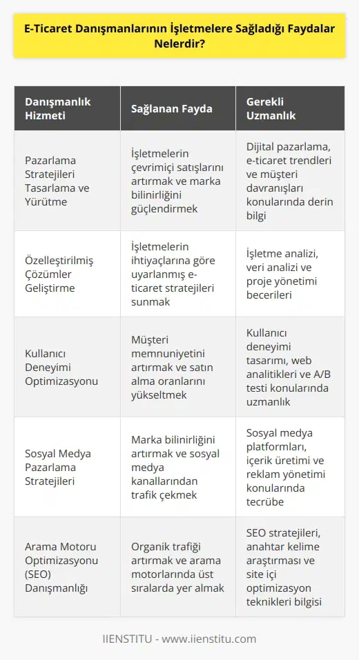 1. İşletmelere pazarlama stratejileri tasarlamak ve yürütmek için danışmanlık hizmetleri sunmak. 2. İnternetin farklı alanlarında deneyimli olmak ve çevrimiçi pazarlar hakkında bilgi sahibi olmak. 3. İşletmelerin çevrimiçi ticaretini geliştirmek için özelleştirilmiş çözümler sağlamak. 4. İşletmelerin çevrimiçi pazarlama ve satışlarını optimize etmek için destek sağlamak. 5. İşletmelere kullanıcı deneyiminde gelişme ve istatistikleri takip etmek için danışmanlık hizmetleri sunmak. 6. İşletmelerin çevrimiçi mağazalarının kullanımını ve güvenliğini artırmak için çözümler geliştirmek. 7. İşletmelere sosyal medya pazarlama stratejileri tasarlamak ve uygulamak. 8. İşletmelere çevrimiçi satışlarını artırmak için görsel ve tasarım desteği sağlamak. 9. İşletmelere çevrimiçi satışlarını artırmak için arama motoru optimizasyonu (SEO) danışmanlık hizmetleri sunmak. 10. İşletmelere çevrimiçi alışveriş deneyiminin geliştirilmesi için danışmanlık hizmetleri sunmak.