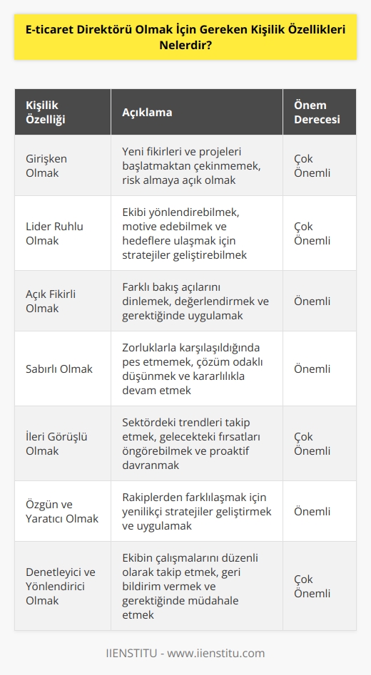 Bu işin eğitimini almak ve yukarıda bahsettiğimiz gibi gerekli olan becerilere sahip olmanın dışında bazı kişilik özellikleri de e-ticaret direktörü olmak isteyenlerde aranan kriterler arasındadır. Bunlarından en önemlisi, girişken olmaktır. Lider ruhlu, açık fikirli, sabırlı, ileri görüşlü, özgün, yaratıcı ve ekibindeki herkesin çalışmalarını denetleyip yönlendirmeler yapabilecek kapasiteye sahip olmalıdır.