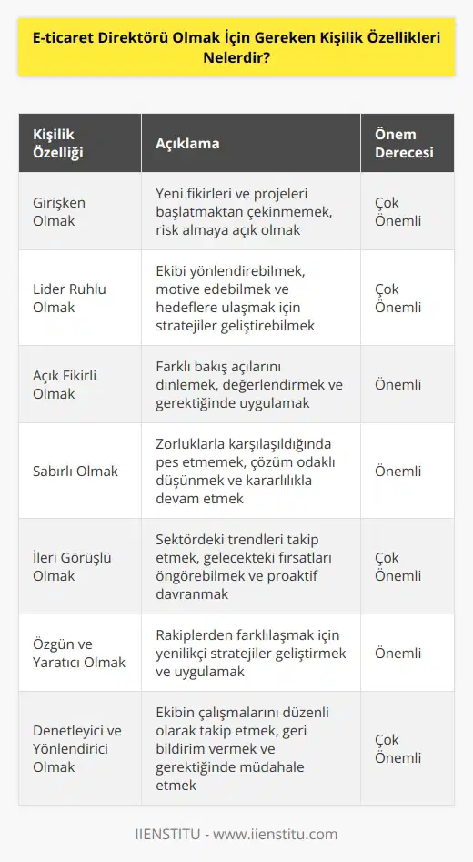 Bu işin eğitimini almak ve yukarıda bahsettiğimiz gibi gerekli olan becerilere sahip olmanın dışında bazı kişilik özellikleri de e-ticaret direktörü olmak isteyenlerde aranan kriterler arasındadır. Bunlarından en önemlisi, girişken olmaktır. Lider ruhlu, açık fikirli, sabırlı, ileri görüşlü, özgün, yaratıcı ve ekibindeki herkesin çalışmalarını denetleyip yönlendirmeler yapabilecek kapasiteye sahip olmalıdır.