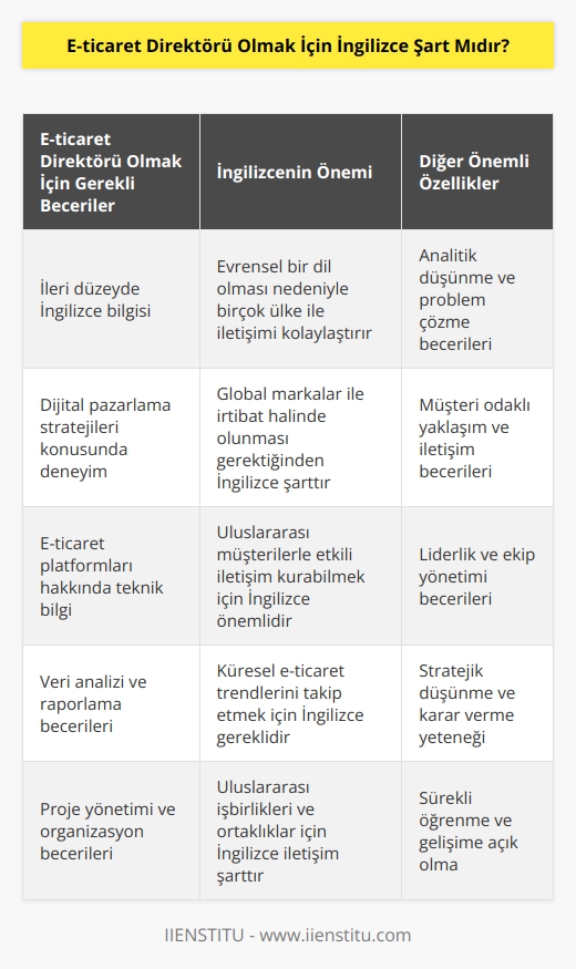 İngilizce bilmek evrensel bir dil olması ve pek çok ülke ile iletişimi kolaylıkla sağlayabiliyor olması açısından önemli ve şarttır. Özellikle e-ticaret oldukça geniş bir kitleye    etmesi ve global markalar ile de irtibat halinde olunması gerektiği için bu alanda çalışacak kişilerin ileri düzeyde İngilizce biliyor olması gerekir.