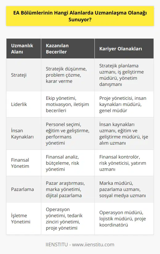 , strateji, liderlik, , insan kaynakları, finansal yönetim, pazarlama, ve işletme yönetimi gibi alanlarda uzmanlaşma olanağı sunmaktadır.