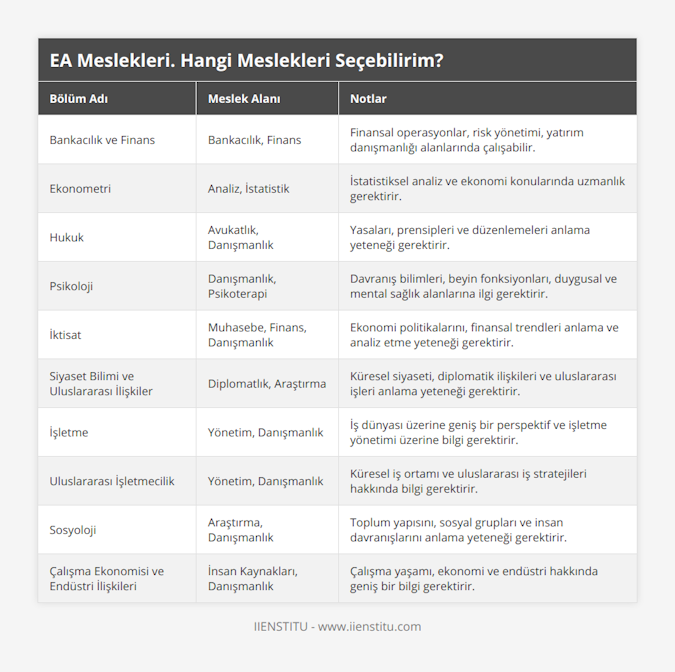 Bankacılık ve Finans, Bankacılık, Finans, Finansal operasyonlar, risk yönetimi, yatırım danışmanlığı alanlarında çalışabilir, Ekonometri, Analiz, İstatistik, İstatistiksel analiz ve ekonomi konularında uzmanlık gerektirir, Hukuk, Avukatlık, Danışmanlık, Yasaları, prensipleri ve düzenlemeleri anlama yeteneği gerektirir, Psikoloji, Danışmanlık, Psikoterapi, Davranış bilimleri, beyin fonksiyonları, duygusal ve mental sağlık alanlarına ilgi gerektirir, İktisat, Muhasebe, Finans, Danışmanlık, Ekonomi politikalarını, finansal trendleri anlama ve analiz etme yeteneği gerektirir, Siyaset Bilimi ve Uluslararası İlişkiler, Diplomatlık, Araştırma, Küresel siyaseti, diplomatik ilişkileri ve uluslararası işleri anlama yeteneği gerektirir, İşletme, Yönetim, Danışmanlık, İş dünyası üzerine geniş bir perspektif ve işletme yönetimi üzerine bilgi gerektirir, Uluslararası İşletmecilik, Yönetim, Danışmanlık, Küresel iş ortamı ve uluslararası iş stratejileri hakkında bilgi gerektirir, Sosyoloji, Araştırma, Danışmanlık, Toplum yapısını, sosyal grupları ve insan davranışlarını anlama yeteneği gerektirir, Çalışma Ekonomisi ve Endüstri İlişkileri, İnsan Kaynakları, Danışmanlık, Çalışma yaşamı, ekonomi ve endüstri hakkında geniş bir bilgi gerektirir