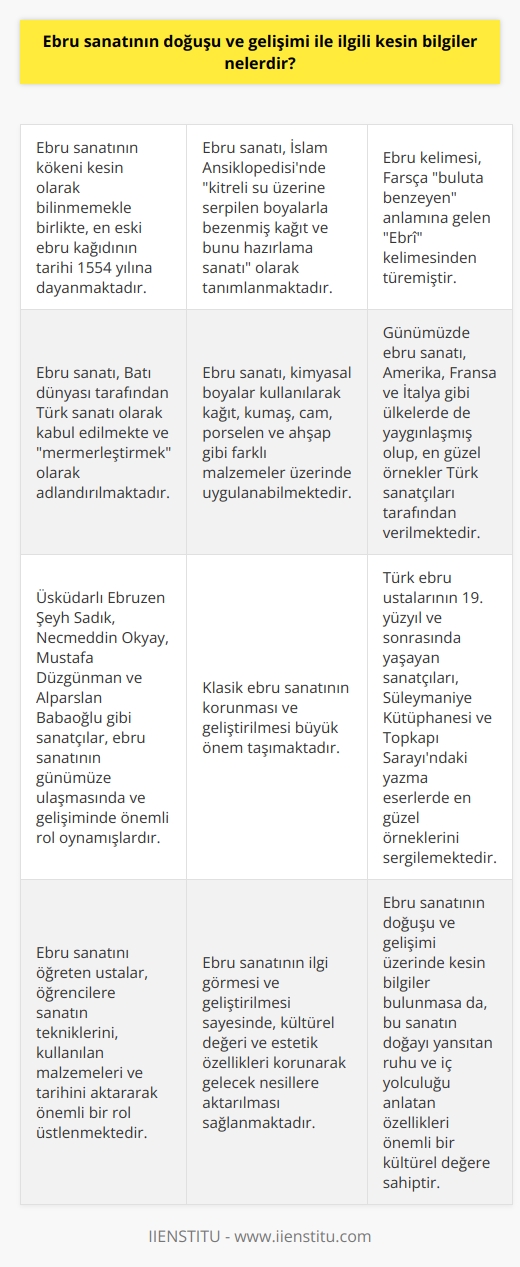 Ebru Sanatının Doğuşu ve Gelişimi  Ebru sanatı, İslâm Ansiklopedisinde kitreli su üzerine serpilen boyalarla bezenmiş kâğıt ve bunu hazırlama sanatı şeklinde tanımlanan ve yaklaşık 500 yıllık geçmişi olan bir süsleme sanatıdır. Tarihin kesin başlangıcı bilinmemekle birlikte, en eski ebru kağıdının tarihi 1554 yılına ait olduğu görülmüştür. Ebru sanatının kökenine dair kesin bilgiler bulunmamakla birlikte, eski el yazmalarında bulunan bulut benzeri renk kompozisyonları ve estetik formları, sanatın daha önce de var olduğunu düşündürmektedir. Farsça buluta benzeyen anlamına gelen Ebrî kelimesi zaman içerisinde Türkçeye ebru olarak geçmiştir. Ebru sanatının doğuşu ve gelişimi üzerinde kesin bilgiler bulunmasa da, bu sanatın doğayı yansıtan ruhu ve iç yolculuğu anlatan özellikleri önemli bir kültürel değere sahiptir.   Ebru Sanatının Kabullenilmesi ve Etkisi  Ebru sanatı, Batı dünyası tarafından Türk sanatı olarak kabul edilmekte ve kağıt üzerinde mermer benzeri desenler oluşturduğu için mermerleştirmek olarak adlandırılmaktadır. Bu sanat, kimyasal boyalar kullanılarak farklı malzemelerde (kağıt, kumaş, cam, porselen ve ahşap) uygulanabilmektedir. Günümüzde ise ebru sanatı Amerika, Fransa, İtalya gibi ülkelerde de yaygınlaşmış olup, en güzel örnekler Türk sanatçıları tarafından verilmektedir.  Klasik Ebru Sanatının Korunması ve Gelişimi  Ebru sanatının günümüze ulaşmasında ve gelişiminde önemli rol oynayan isimler arasında Üsküdarlı Ebruzen Şeyh Sadık ile klasik ebru sanatında önemli yeri olan Necmeddin Okyay, Mustafa Düzgünman ve Alparslan Babaoğlu gibi sanatçılar bulunmaktadır. Ebru sanatının orijinal formu ve estetiği, bugün modern ve küresel etkilerle farklı şekillerde yorumlanmaktadır. Bu noktada, klasik ebru sanatının korunması ve geliştirilmesi büyük önem taşımaktadır. Türk ebru ustalarının 19. yüzyıl ve sonrasında yaşayan sanatçıları, Süleymaniye Kütüphanesi ve Topkapı Sarayındaki yazma eserlerde en güzel örneklerini sergilemektedir.   Ebru Sanatının Öğretimi ve Ustaların Rolü  Ebru sanatını öğreten ustalar, öğrencilere sanatın tekniklerini, kullanılan malzemeleri ve tarihini aktaran önemli bir rol üstlenmektedir. Ebru sanatının ilgi gören bu sayede geliştirilerek, kültürel değeri ve estetik değerleri korunarak gelecek nesillere aktarılması sağlanmaktadır.