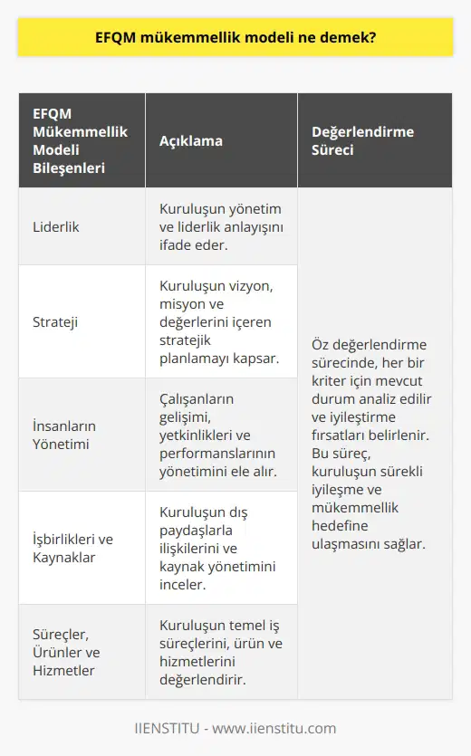 EFQM Mükemmellik Modeli Tanımı  EFQM mükemmellik modeli, Avrupa Kalite Yönetimi Vakfı (European Foundation for Quality Management) tarafından geliştirilen ve işletmelerin sürekli iyileşme ve mükemmeliyet düzeyini belirlemelerine yardımcı olan bir yönetim modelidir. Bu model, kuruluşların mevcut durumlarını ve gelecekteki hedeflerini değerlendirmelerine imkan tanır.  Modelin Yapısı ve Bileşenleri  EFQM modeli, dokuz temel kriterden oluşur ve bu kriterler, iki ana grupta toplanabilir: İşleyiş ve Sonuçlar. İşleyiş grubu, liderlik, strateji, insanların yönetimi, işbirlikçi ve sürecin yönetimi gibi konuları ele alırken; sonuçlar grubu, müşteri sonuçları, insan sonuçları ve toplum sonuçları üzerinde durur.  Öz Değerlendirme Süreci  Model, öz değerlendirme sürecini önemseyerek, kuruluşların sürekli iyileşme ve mükemmeliyet hedefine ulaşmalarını sağlar. Bu süreçte, işletmeler kendi mevcut durumlarını analiz eder ve iyileştirme fırsatlarını belirler.  Mükemmellik Ödülü  EFQM mükemmeliyet modeli, başarılı uygulamaları özendirmek ve ödüllendirmek amacıyla düzenlenen EFQM Mükemmellik Ödülüne de temel oluşturur. Bu ödül, Avrupa genelinde benzersiz bir prestij kazanmış ve çok sayıda işletmenin mükemmellik hedefine ulaşmasına katkı sağlamıştır.  Sonuç  EFQM mükemmellik modeli, işletmelerin sürekli iyileşme ve mükemmeliyet anlayışını benimsemelerine ve bu doğrultuda somut eylem planları geliştirmelerine yardımcı olur. Model, Avrupa iş dünyasında kabul görmüş ve başarılı uygulamaları hayata geçiren işletmelerin ödüllendirildiği EFQM mükemmellik ödülü ile de önemini sürdürmektedir. Bu sayede, kuruluşlar hem kendi içinde daha sağlam bir yapı oluşturabilir, hem de rekabet gücünü artırarak, başarılı bir iş stratejisi izleyebilirler.