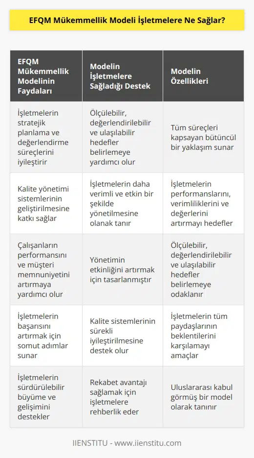 EFQM Mükemmellik Modeli, işletmelere stratejik planlama ve değerlendirme, kalite yönetimi, çalışanların performansını artırma ve müşteri memnuniyetini arttırma gibi alanlarda destek sağlar. Model, işletmelerin başarısını arttırmak için ölçülebilir, değerlendirilebilir ve ölçülebilir hedefler belirlemesine yardımcı olur. Model, kalite sistemlerinin geliştirilmesine ve işletmelerin daha verimli ve etkin bir şekilde yönetilmesine olanak sağlar. Model, özellikle işletmelerin yönetiminin etkinliğini artırmak için tasarlanmıştır ve tüm süreçleri kapsayan bir yaklaşımı içerir. Bu model, özellikle işletmelerin performanslarını, verimliliğini ve değerlerini arttırmak için tasarlanmıştır.