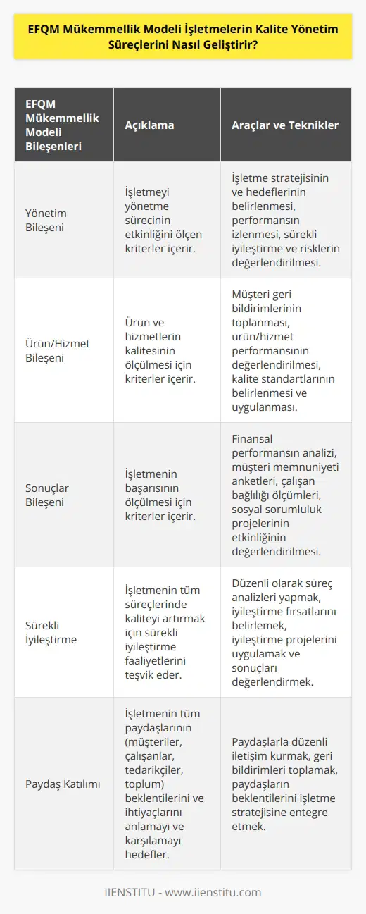EFQM Mükemmellik Modeli, işletmelerin kalite   ni geliştirmeye yardımcı olmak için ölçülebilir yönetim standartları sunar. Model, kalite yönetiminin üç temel alanını kapsar: yönetim bileşeni, ürün/hizmet bileşeni ve sonuçlar bileşeni. Yönetim bileşeni, işletmeyi yönetme sürecinin etkinliğini ölçen kriterleri içerir. Ürün/hizmet bileşeni, ürün ve hizmetlerin kalitesinin ölçülmesi için kriterleri içerir. Sonuçlar bileşeni, işletmenin başarısının ölçülmesi için kriterleri içerir. Model, işletmenin kalite ni geliştirmek için kullanabilecekleri araçlar ve teknikleri de içerir. Bunlar arasında işletme stratejisinin ve hedeflerinin belirlenmesi, performansın izlenmesi, sürekli iyileştirme ve risklerin değerlendirilmesi yer almaktadır.